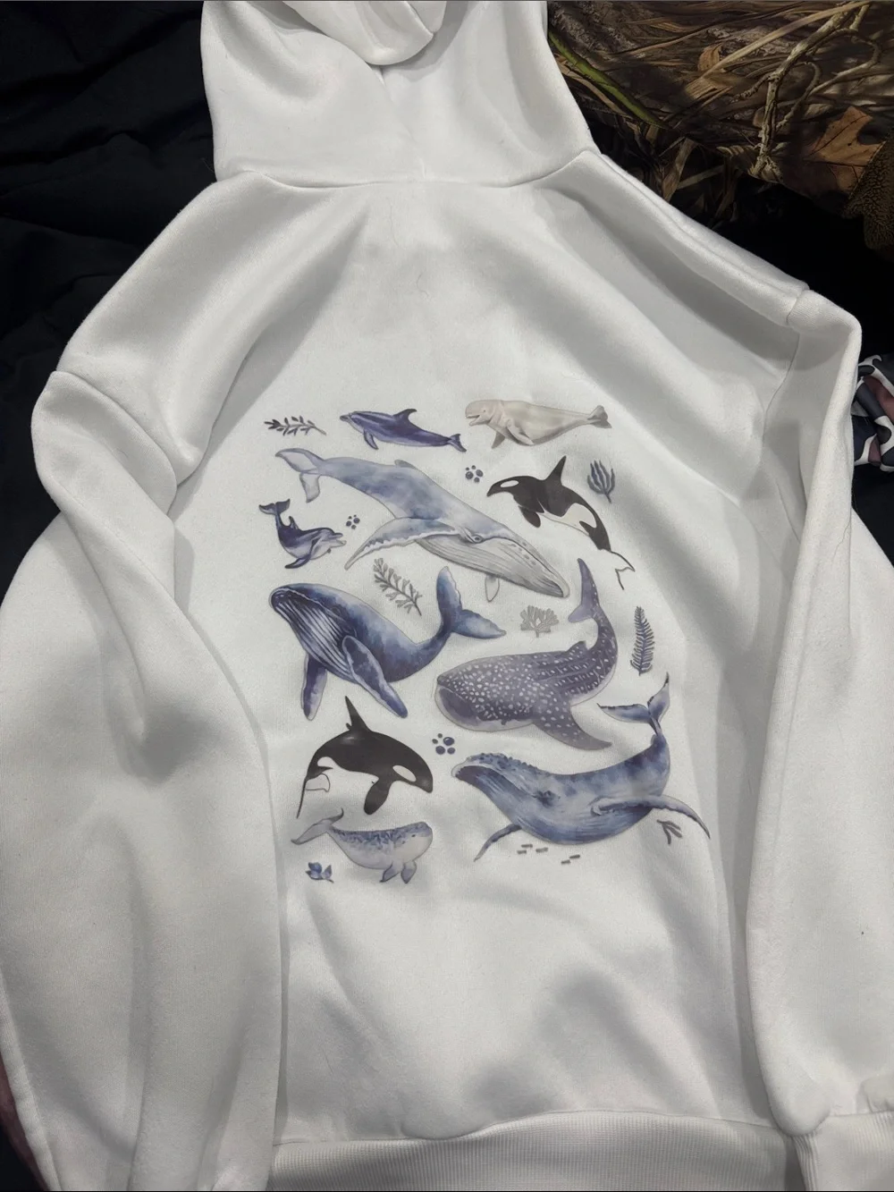 White Hoodie with Blue Whale & Orca Ocean Print - Picture 1 of 1
